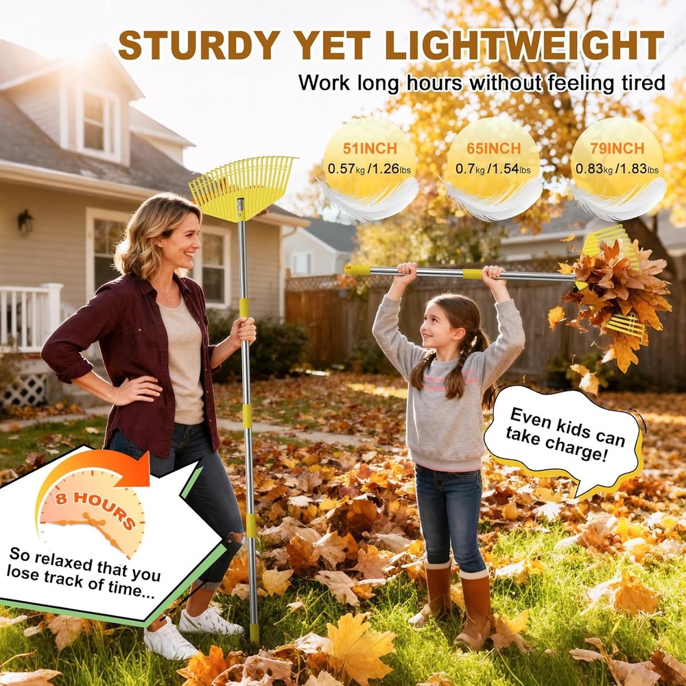 Leaf Rake - 17" Wide Nylon Plastic Head,65" Adjustable Handle,Heavy Duty for Lea
