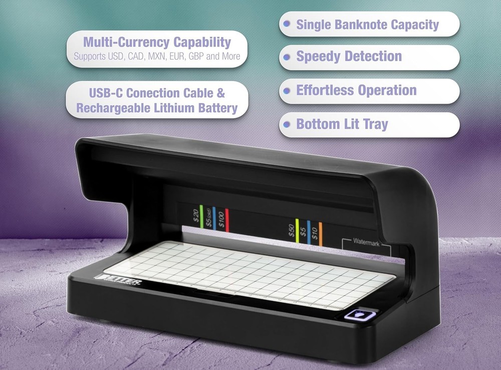 Counterfeit Bill Detector with UV Fluorescent Light, Portable & Compact