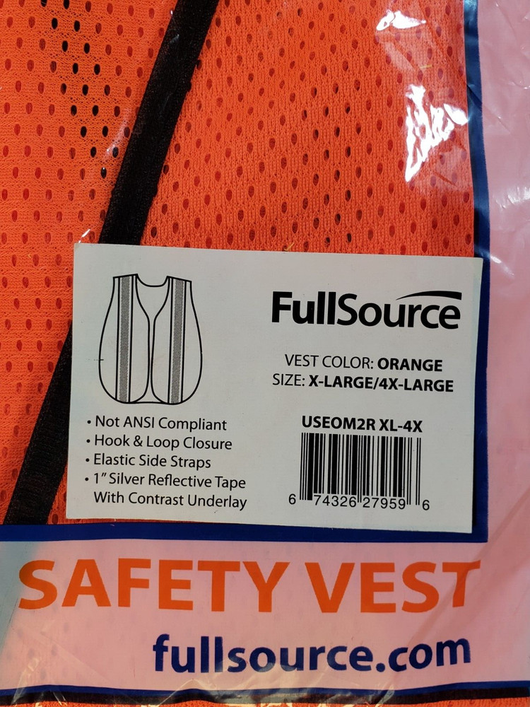 NEW FULLSOURCE Safety Vest Poly Mesh Bright Orange Reflective Strips XL - 4X