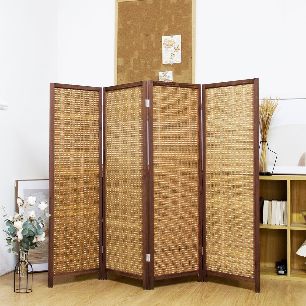 4 Panel Short Panel Divider Screen,3.95 FT Tall Bamboo Room Divider Folding