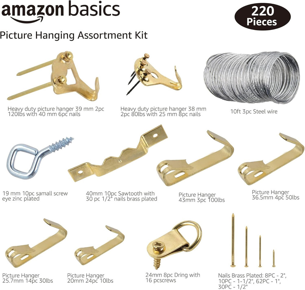Picture Hanging Hardware Assortment Kit, 220 Piece Set, Brass
