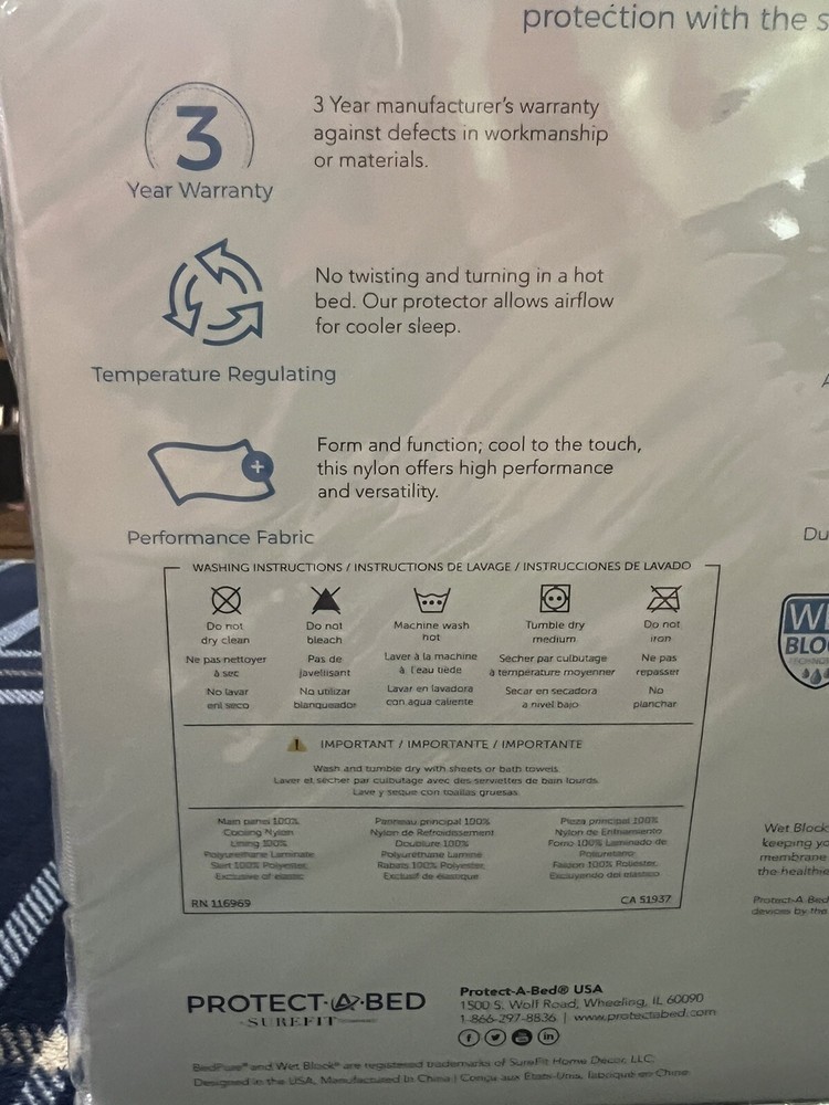 BEDPURE BY PROTECT-A-BED KING MATTRESS PROTECTOR WHITE COOLING BREATHABLE SILENT