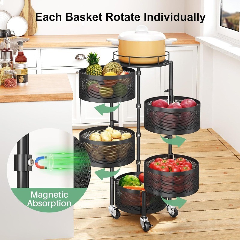 Fruit Vegetable Basket for Kitchen, Rotating Storage Rack, 5 Tier Rolling Cart