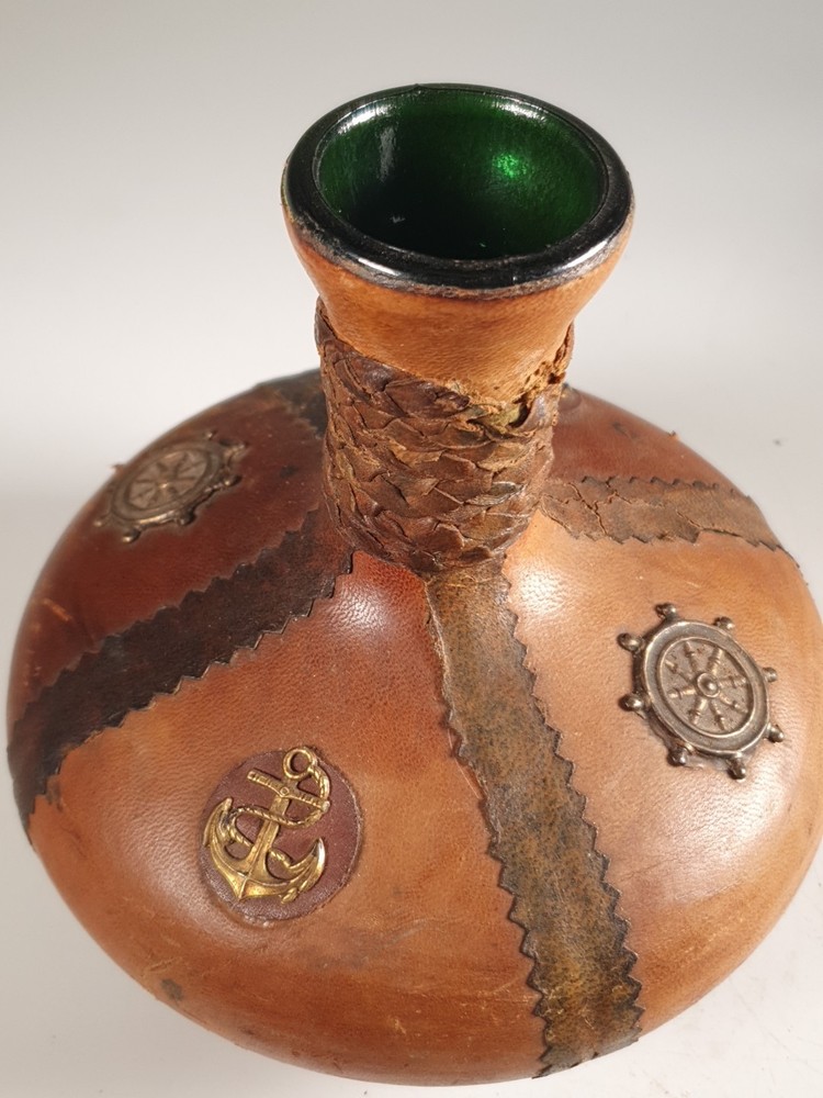 Vintage Leather Wrapped Green Bottle Decanter