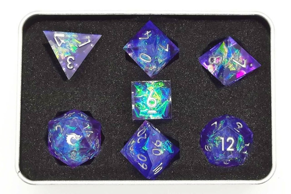 Old School 7 Piece DnD RPG Dice Set: Sharp Edged - Sapphire Burst