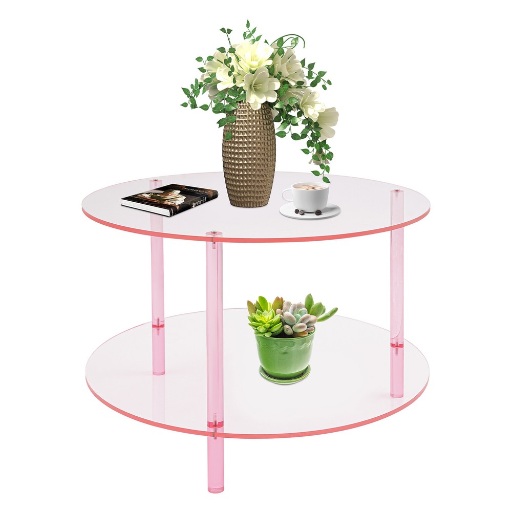 Modern Round Pink Acrylic Coffee Table, Modern Coffee Table, 2-tier Coffee Table