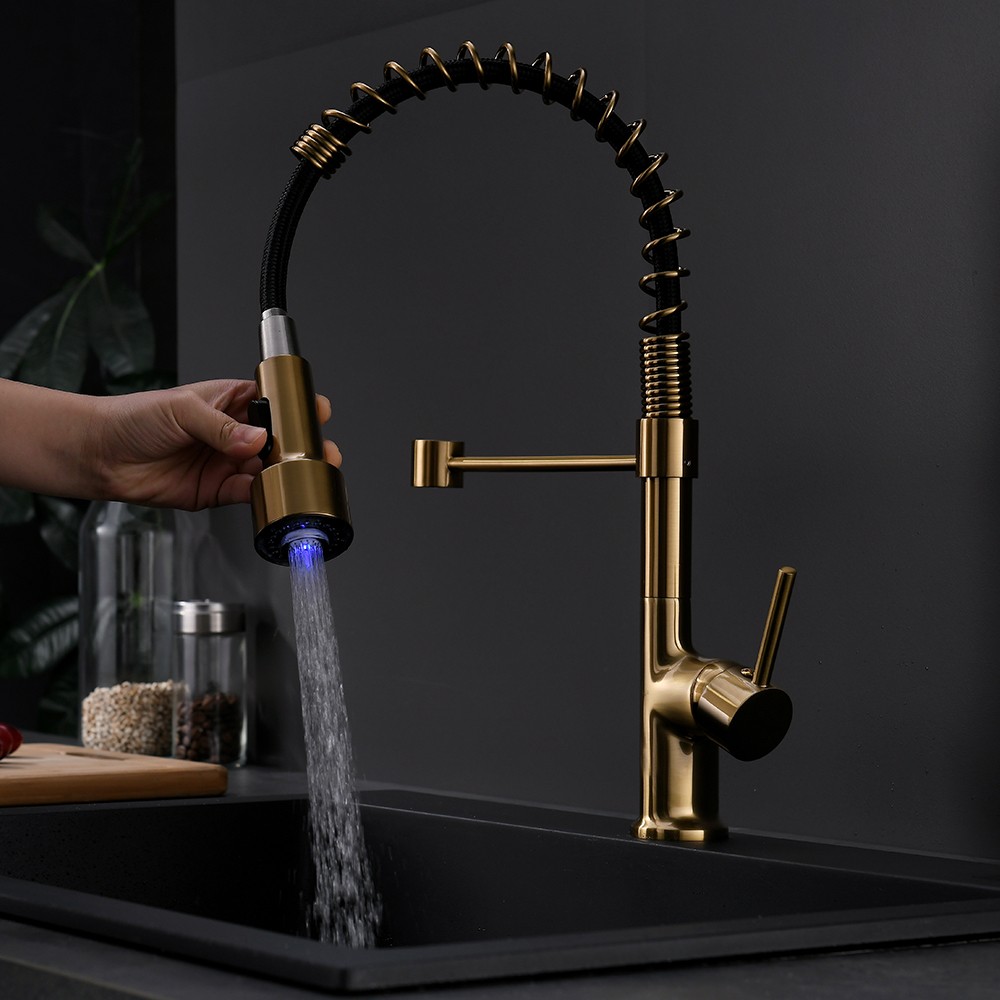 Commercial LED Kitchen Faucet with Pull Down Sprayer, Single Handle Single
