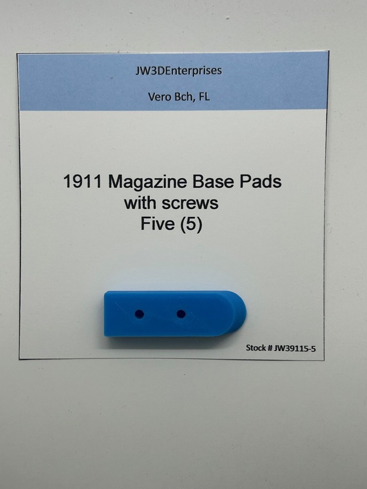 Five (5) 3D Printed 1911 Magazine Bumpers Basepads (& screws), assorted colors