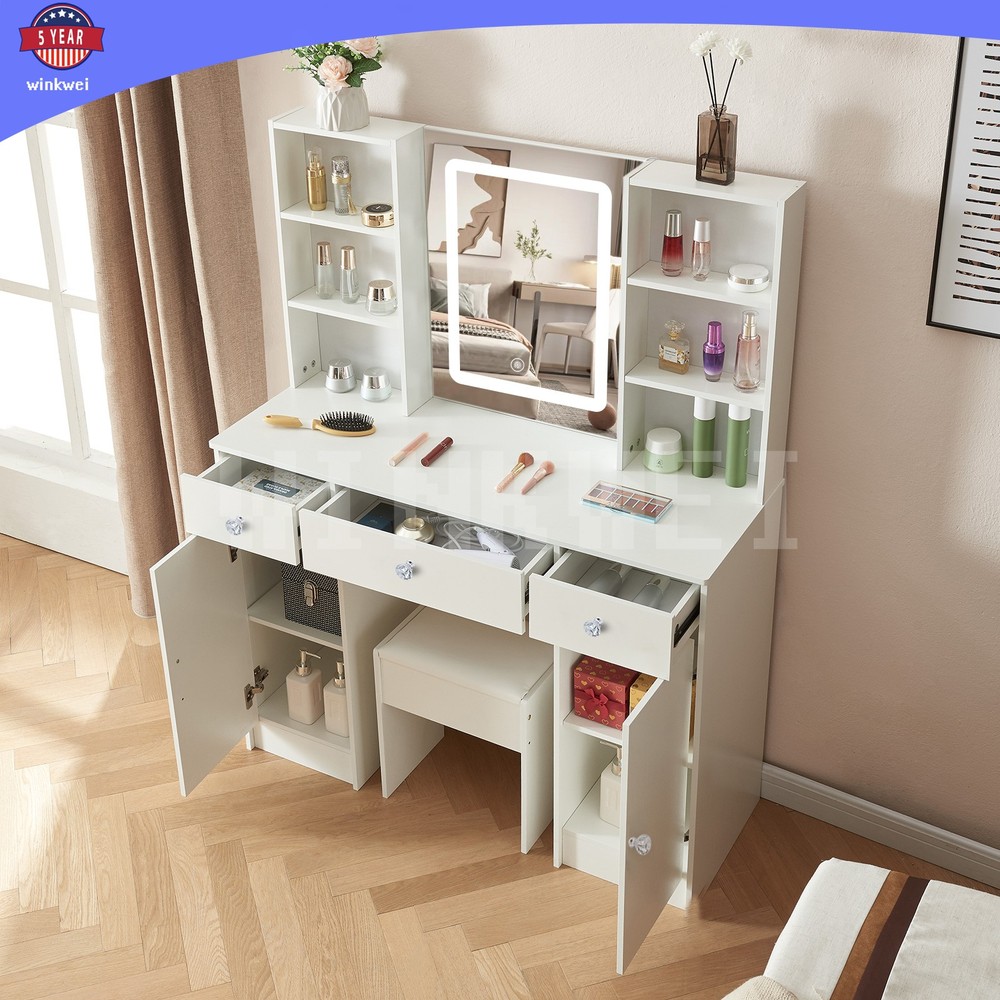 Makeup Vanity Table with Smart LED Mirror 5 Drawers & Crystal Pull Dressing Desk
