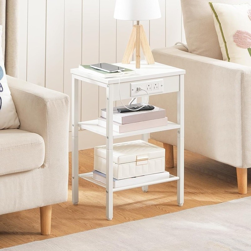 Multifunctional Side Table W/ Outlets USB Charging Adjustable Shelves Storage