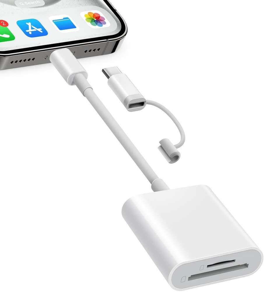 SD Card Reader for iPhone iPad, Dual 2 Slots (Lightning+USBC), White