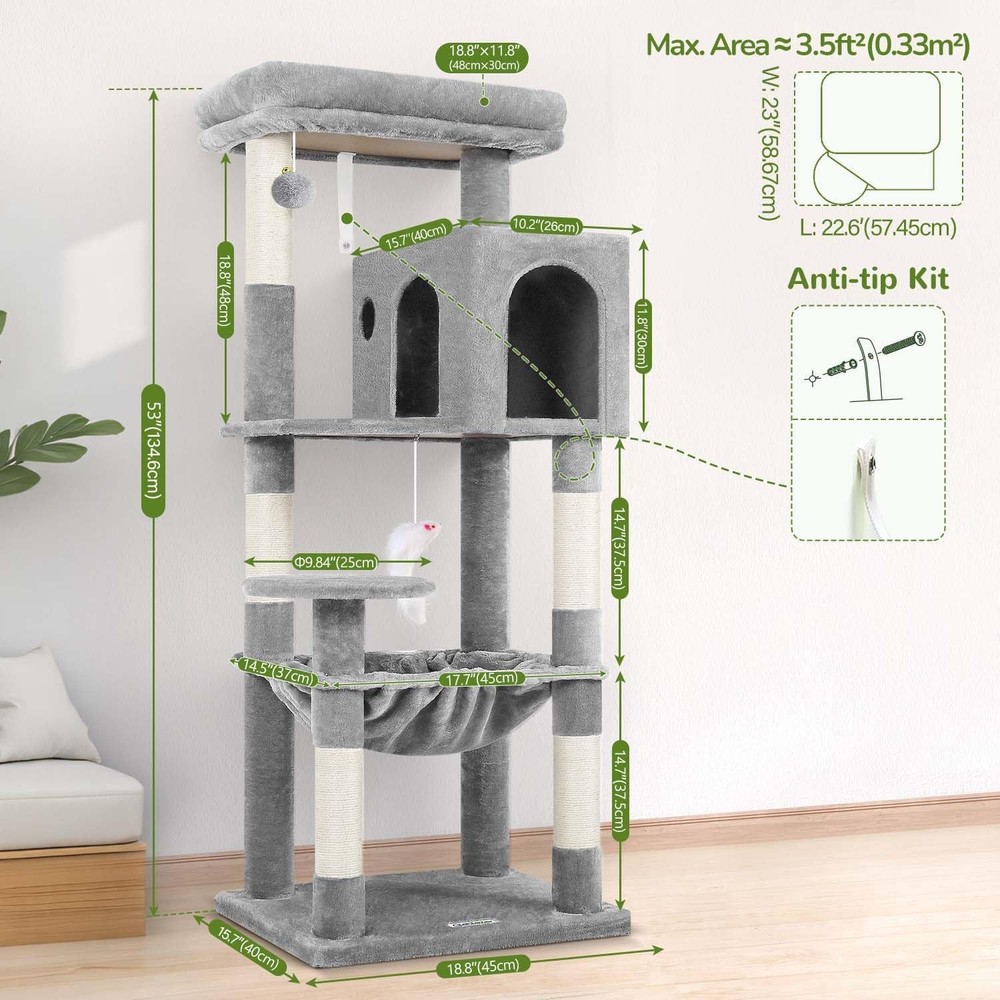Cat Tree Tower with Scratching Post for Indoor Cats, 53inch Light Gray