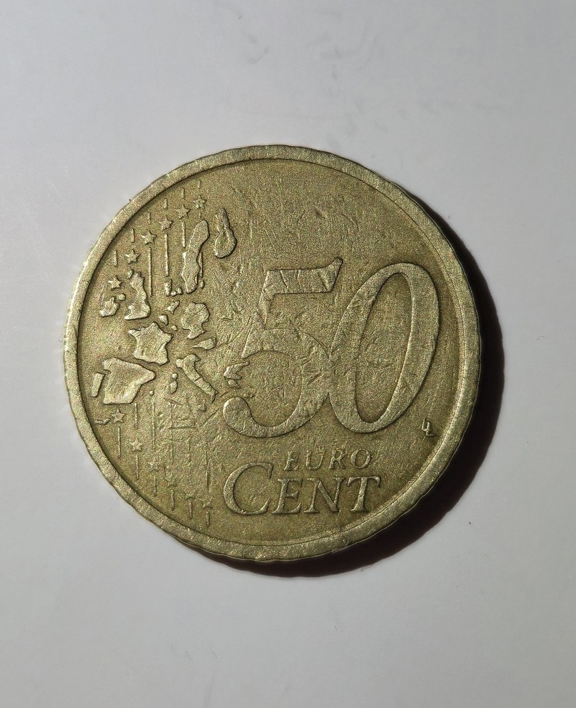 50 CENT, Spain, 2001, Error Coin, Very Rare, Stamp defect.