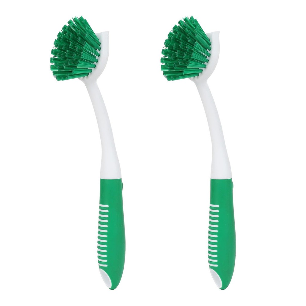 Dish Brush with Handle, 2 Pack Scrub Brushes Built-in Scraper for Green