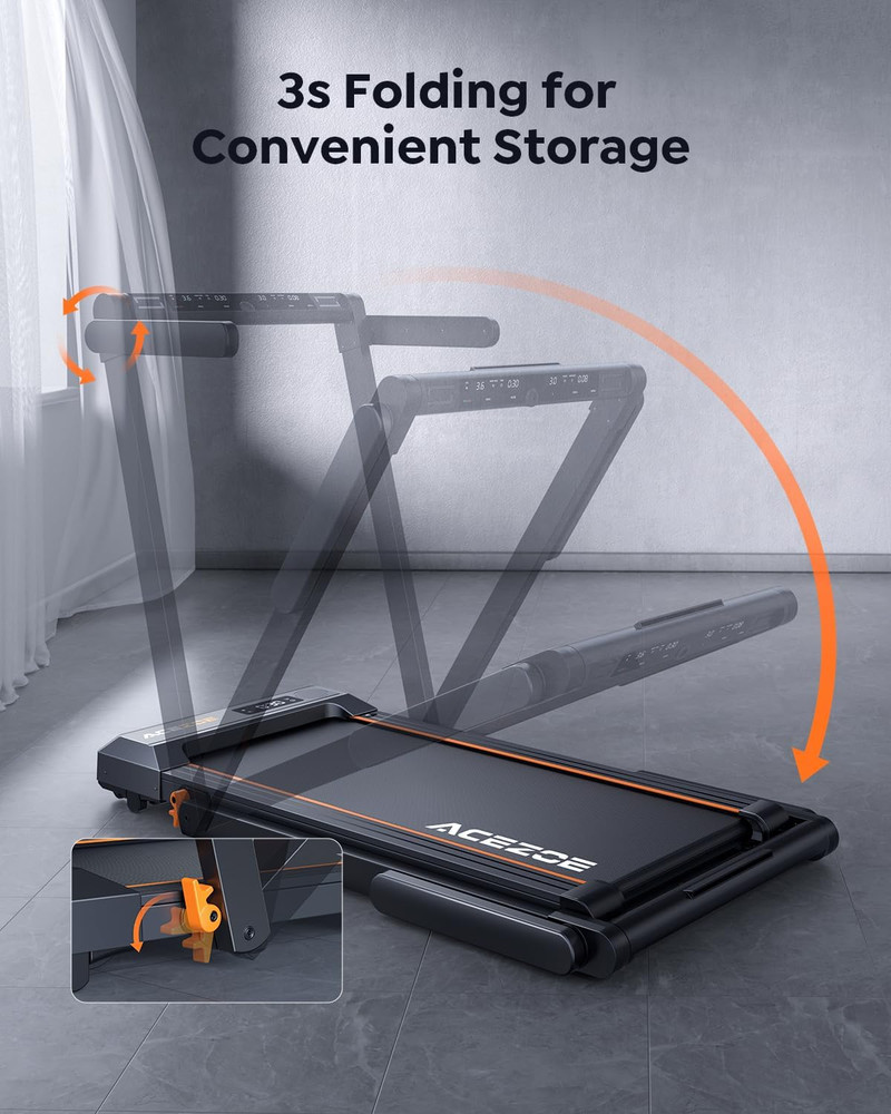 Compact 2-in-1 Folding Treadmill with Handle, 300Lbs Capacity, Smart Apps