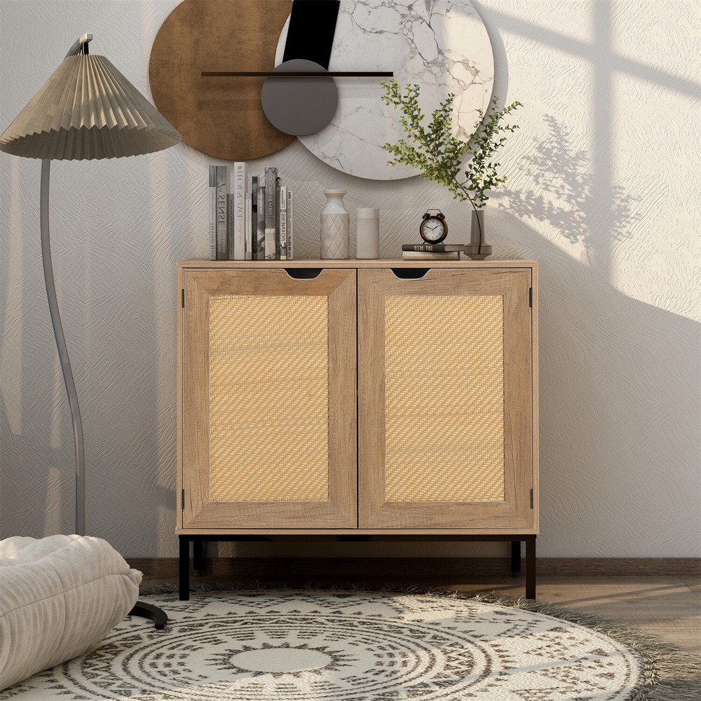 Set of 2 Rattan Storage Cabinets Kitchen Sideboard Buffet Cupboard Console Table