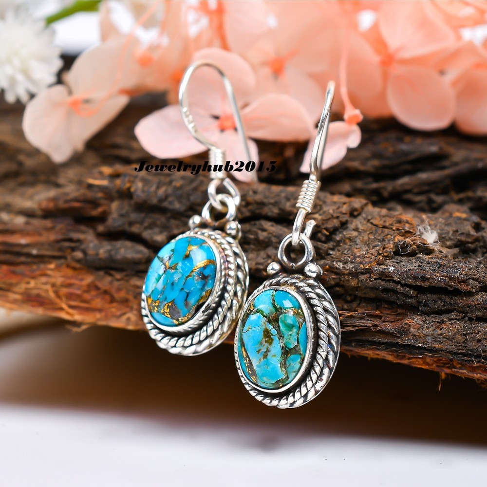 Blue Copper Turquoise Earring Solid 925 Sterling Silver Natural Gemstone L-63