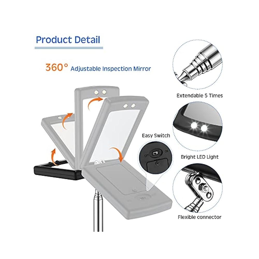 2-Piece Lighted Telescoping Inspection Mirror, LED, Flexible, with Tools