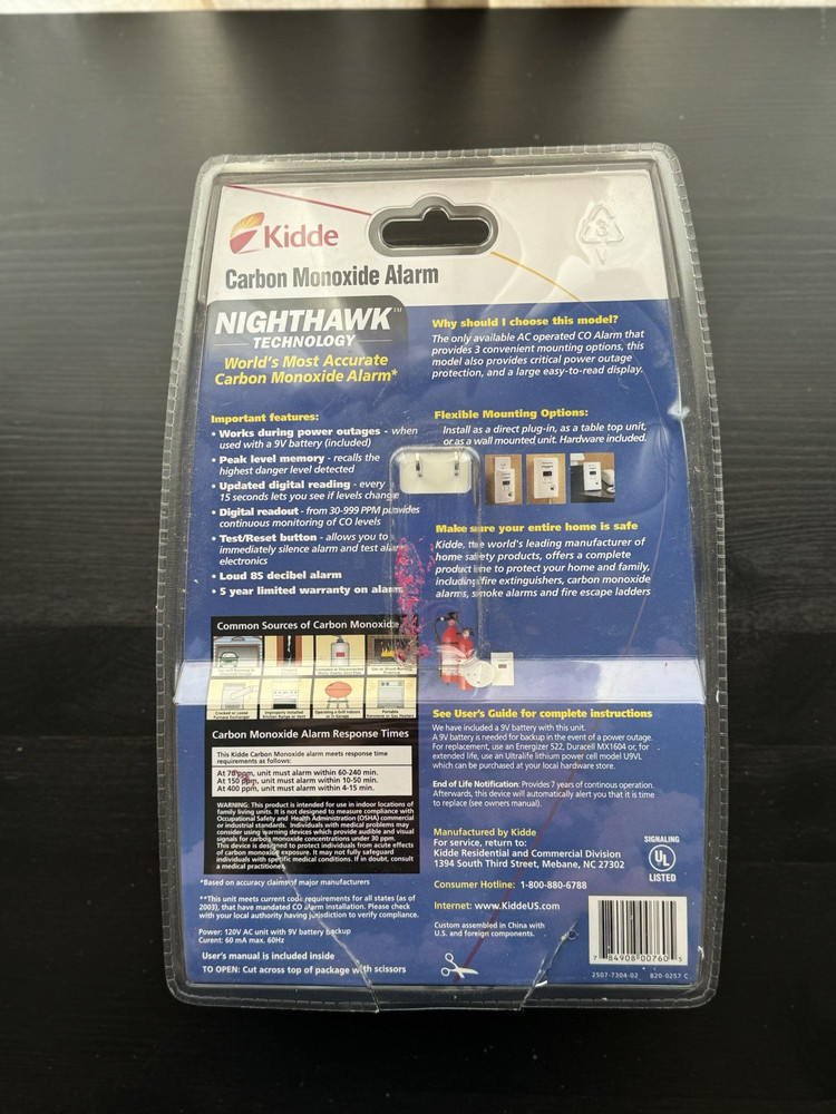Kidde Carbon Monoxide Alarm with Nighthawk Tech KN-COPP-3 (missing battery)