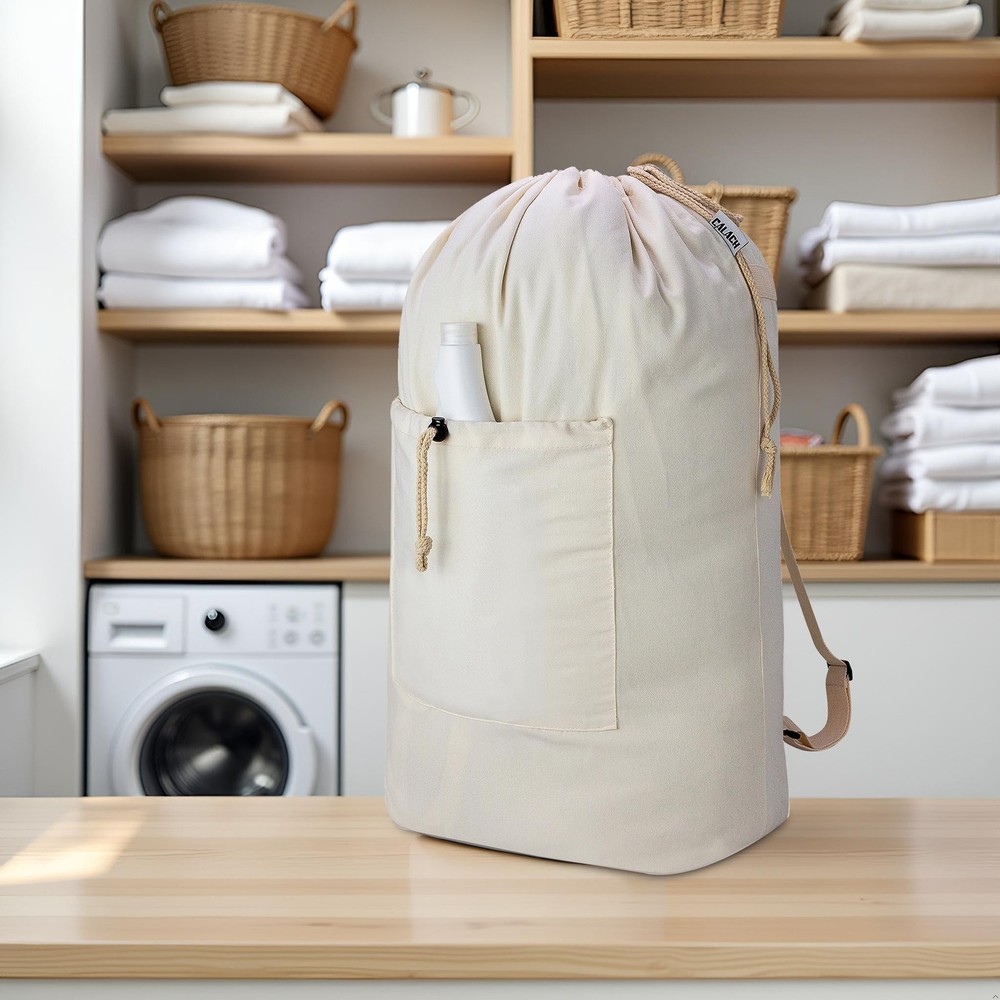 Laundry Bag Backpack, Canvas Laundry Bag with Straps & Drawstring Closure Was...