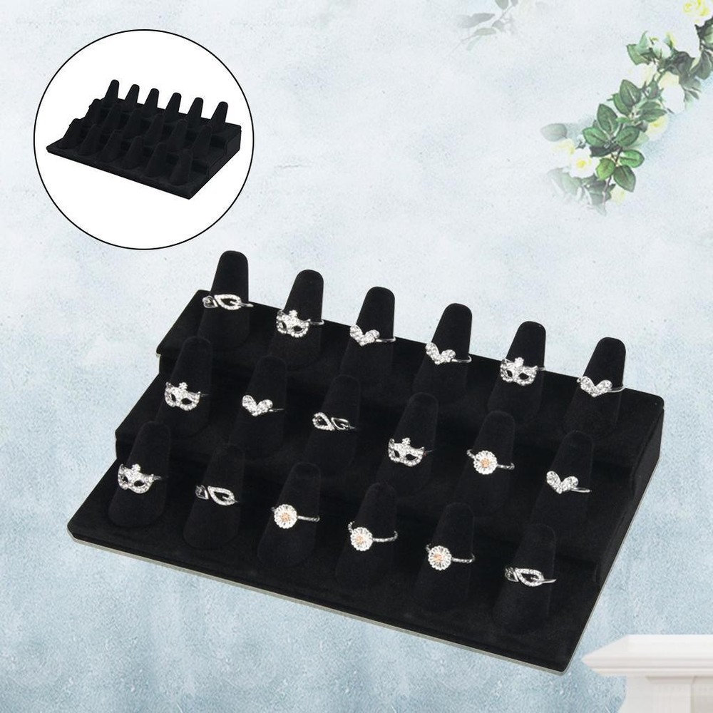 Solid Wood Velvet Cone Shape Finger Ring Display 18 Slots Counter  A