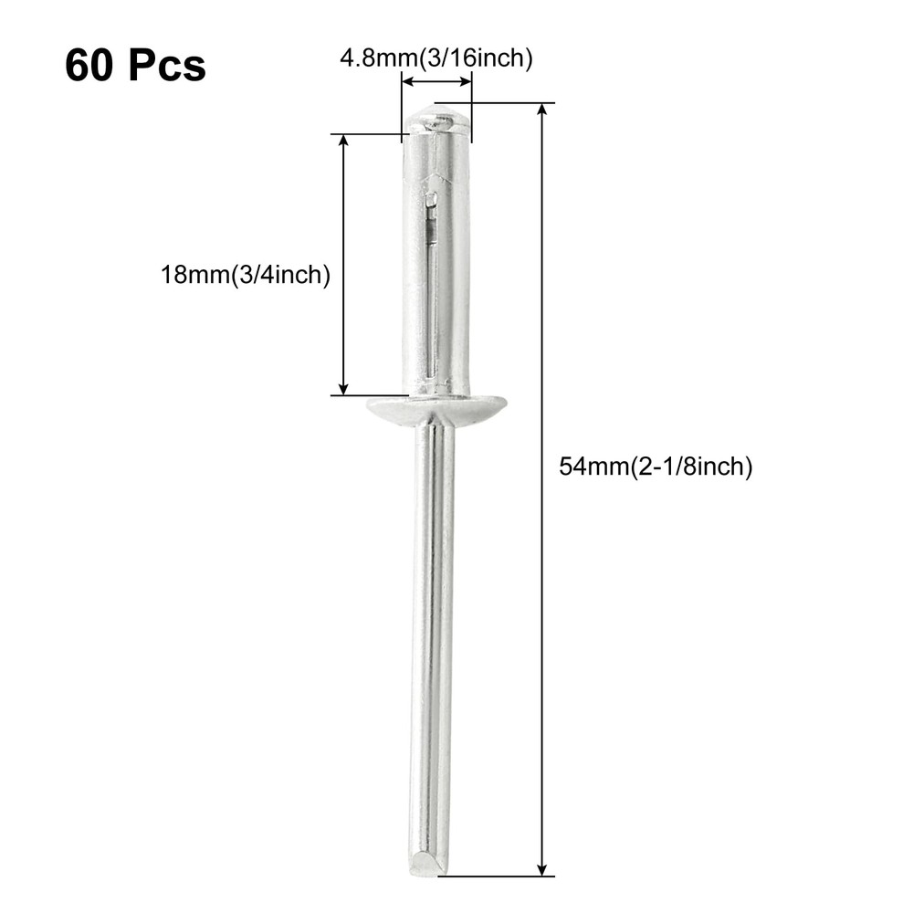 60 Pcs 3/16" x 3/4" Tri-Fold Exploding Pop Rivets, Aluminum Large Head Blind