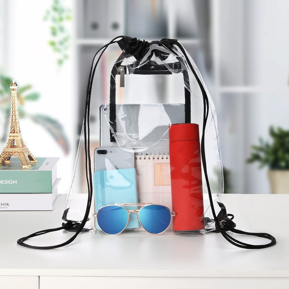 2 PACK Clear Drawstring Bag Stadium Approved, See Through PVC One Size, Black