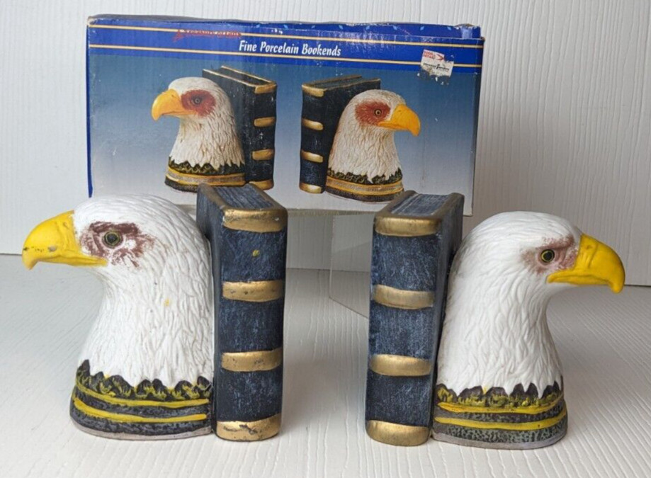 Vintage Bookends Featuring Bald Eagles. Painted Molded Ceramic. 4”H. flawed