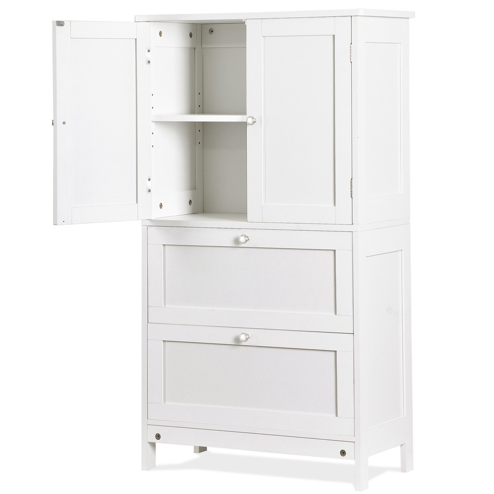 Bathroom Floor Storage Cabinet w/ 2 Drawers & 2 Doors Adjustable Shelf White