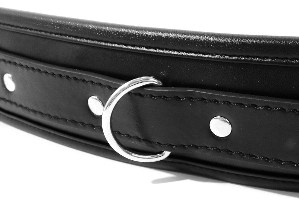 Black Leather Lockable Bondage Collar Neck Restraint with Chain Leash