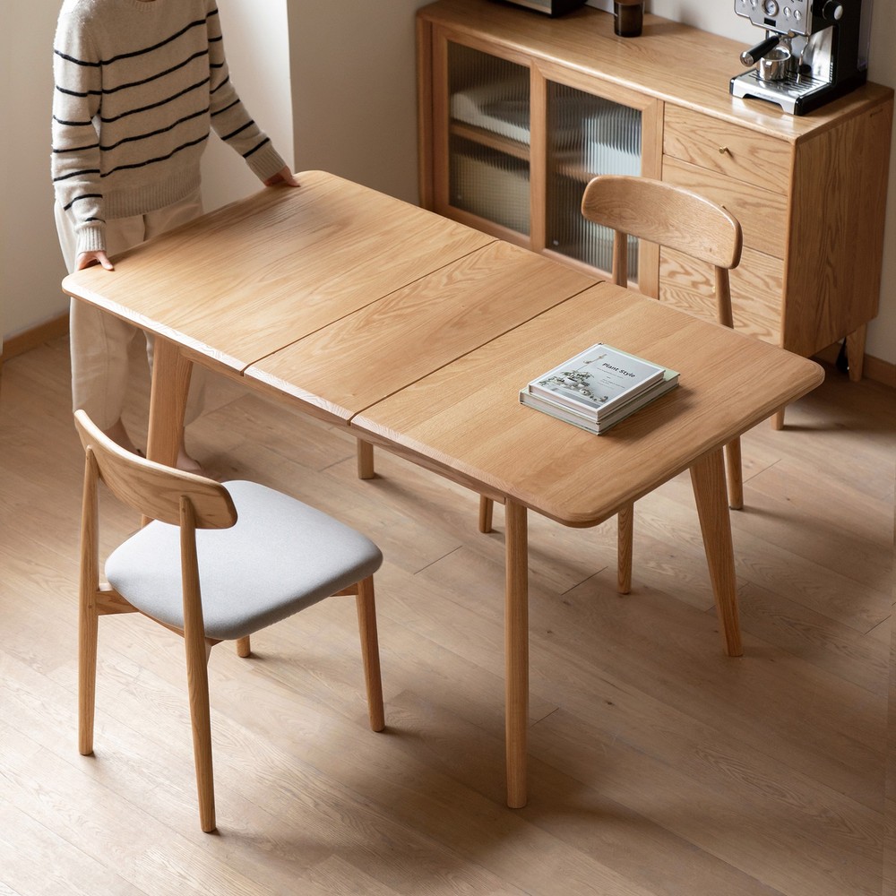 Natural Solid Oak Round Corner Diagonal Leg Telescopic Table Extending Dining