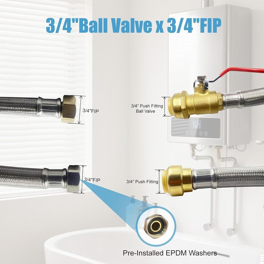 3/4" Ball Valve x 3/4" FIP x 24" Water Heater Hose Connector Stainless Steel