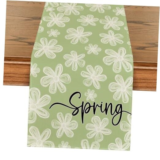 Hand-Painted Daisy Flower 210 GSM Spring Table 13" x 72", Table Runner Green