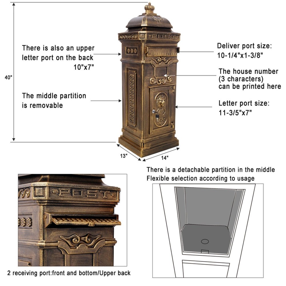 Outdoor Large Mailbox Copper Statue Decorative Postbox Rainproof Parcel Storage