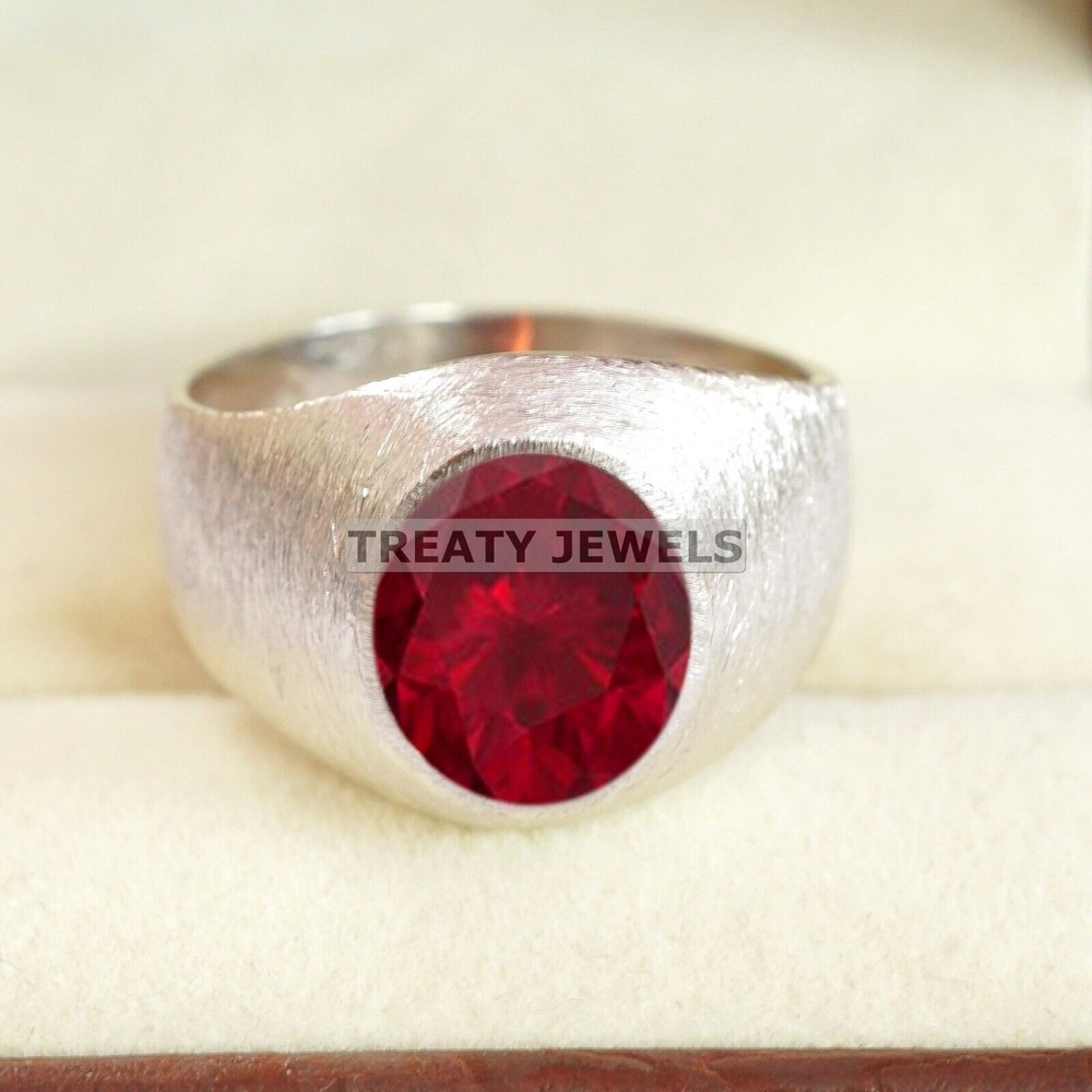Ruby Oval Cut With 14K Solid White Gold Ring For Men's #B527