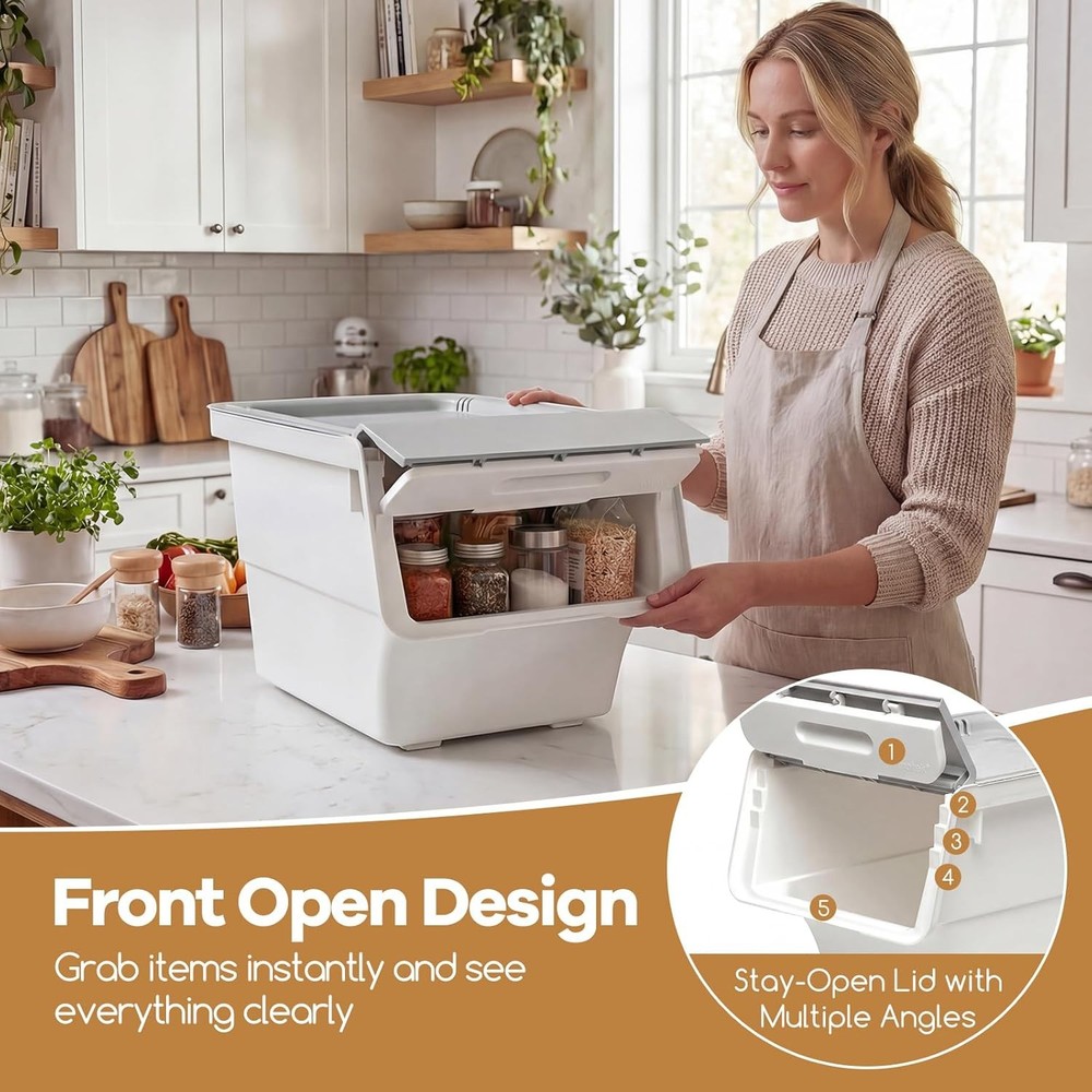 Plastic Stackable Storage Bins W/ Lids & Wheels 3 Pack Open Front Stacking Bins