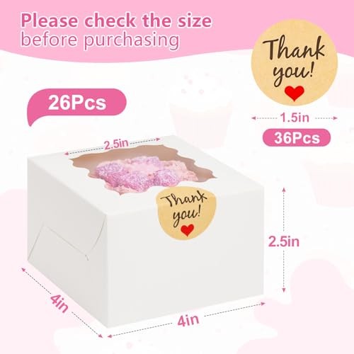 26pcs White Cookie Boxes with Window, 4x4x2.5 Inches Small Bakery Boxes with