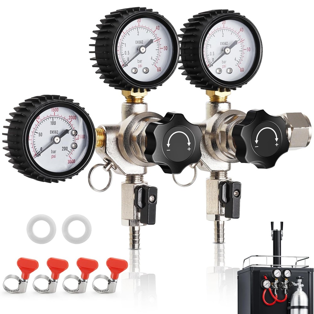 CO2 Regulator for Dual Tap Kegerator Draft Beer Tower Dispenser, Dual Keg Reg...
