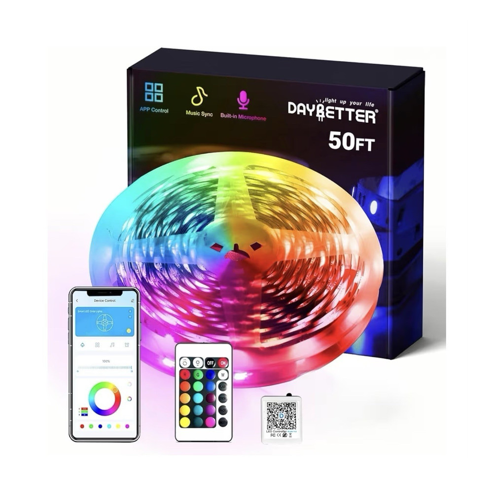 DAYBETTER 50FT Multicolor LED Light Strip, App & Remote Control, Music Sync
