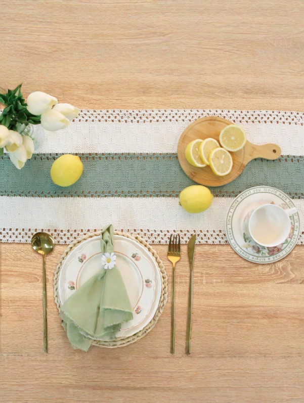 Boho Macrame Table Runner with Tassels Cream Brown Farmhouse Rustic Wedding