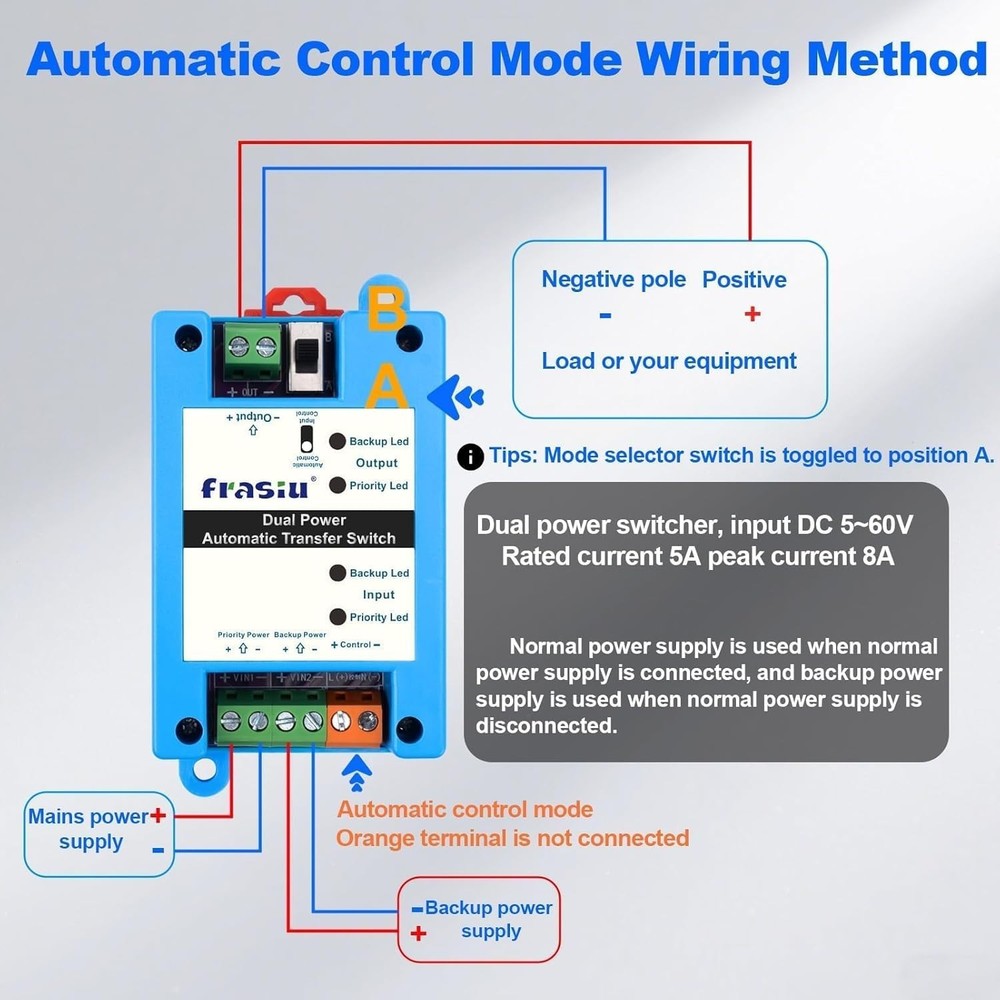 DC Automatic Transfer Switch 5-60V 5A - Fast Switching with Protection Features