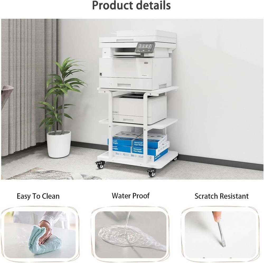 Rolling Printer Stand 24x20x26 Inch White 3 Tier