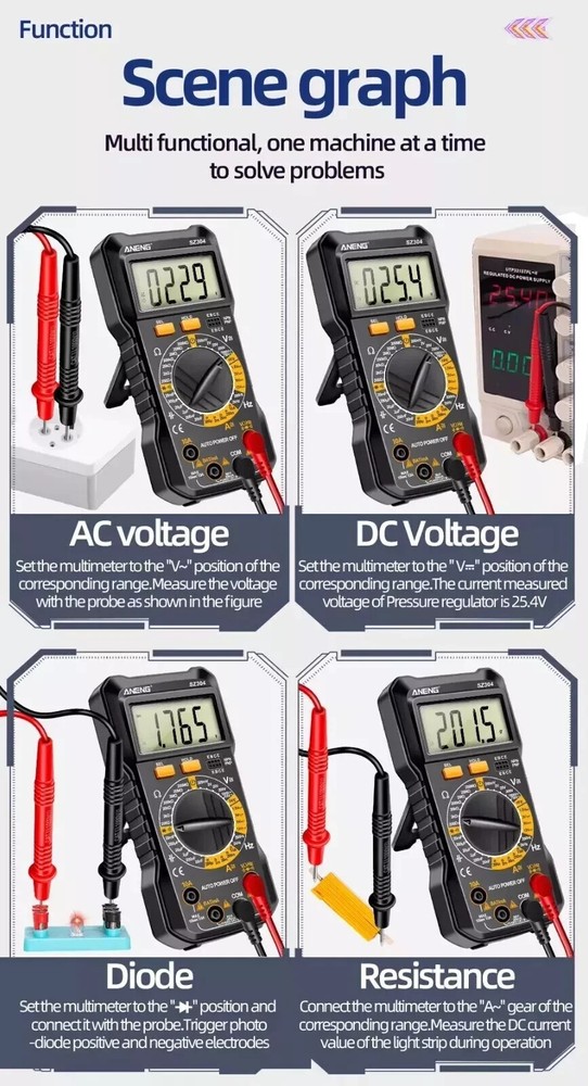 SZ304 Multifunction 1999 Counts Digital Multimeter True RMS Handheld Test Leads
