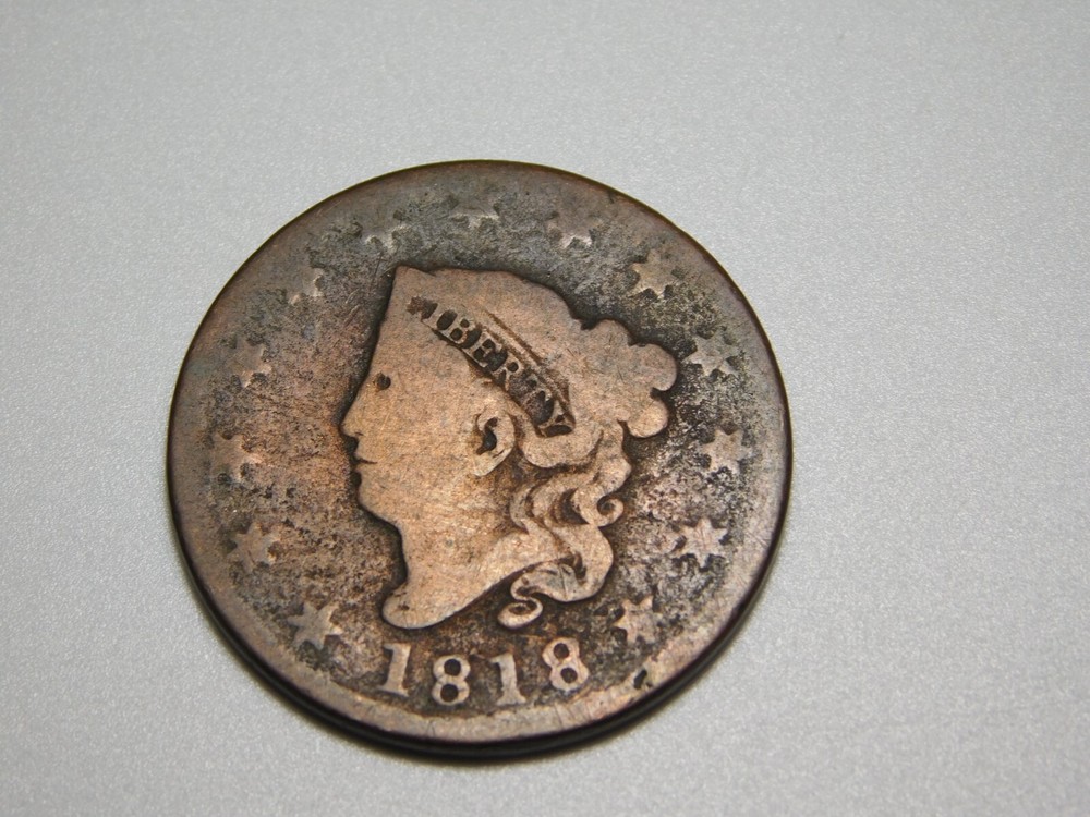 OLD US COPPER COINS 1818 CORONET HEAD LARGE CENT