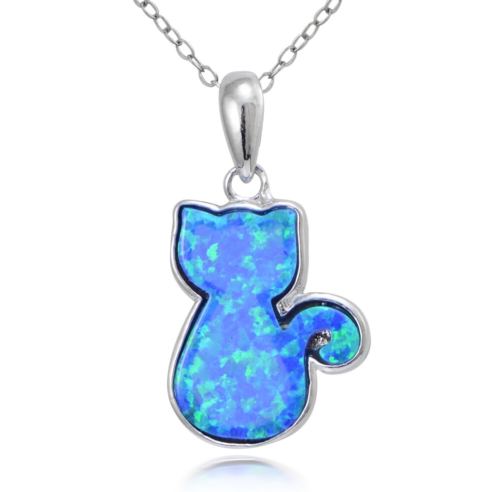 Sterling Silver Created Blue Opal Cat Necklace