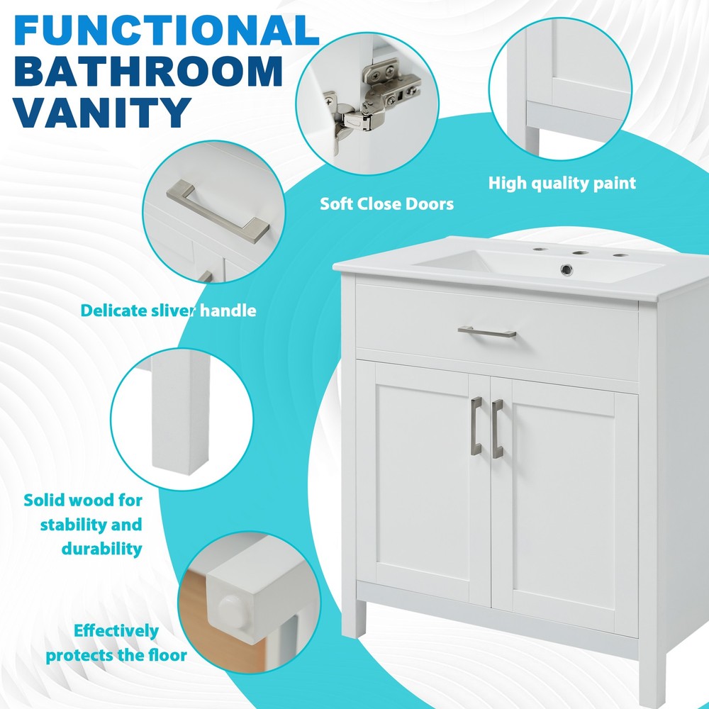 30" Bathroom Vanity w/Ceramic Sink & Ample Storage Wood Bathroom Storage Cabinet