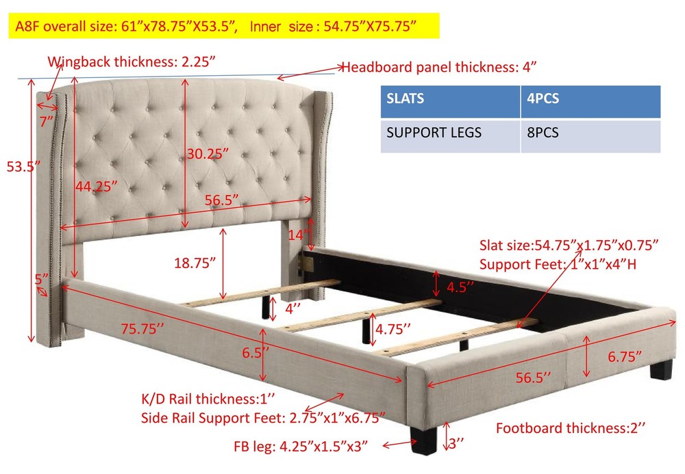 King Size Upholstered Platform Bed Frame W/ Adjustable Wingback Headboard Box