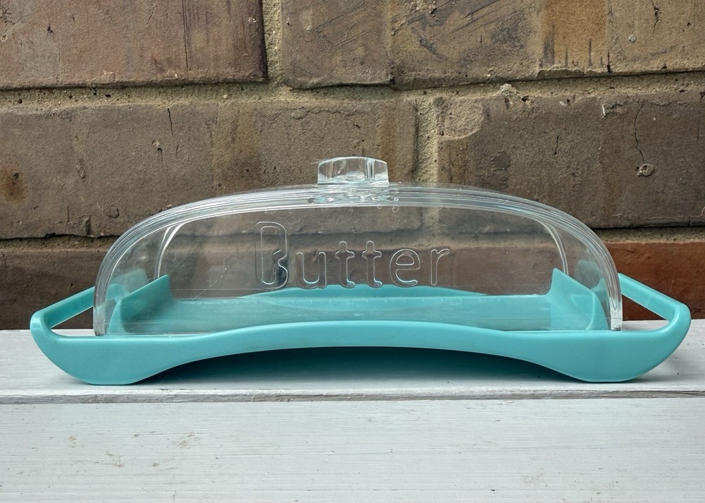 Retro Butter Dish Solid Clear Plastic Covered Single Stick Smooth See Through