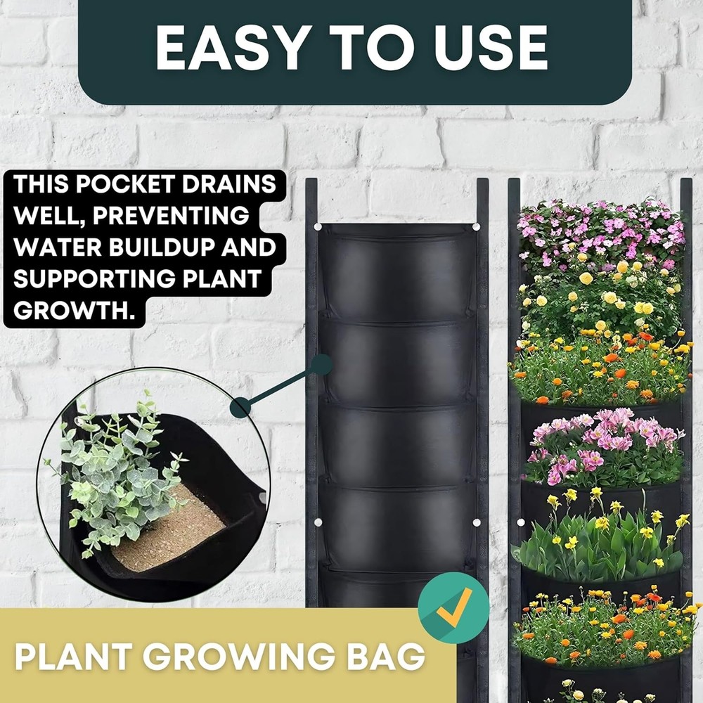 Fence Planters Wall for Outdoors Plants Vertical 7 Pockets, Black
