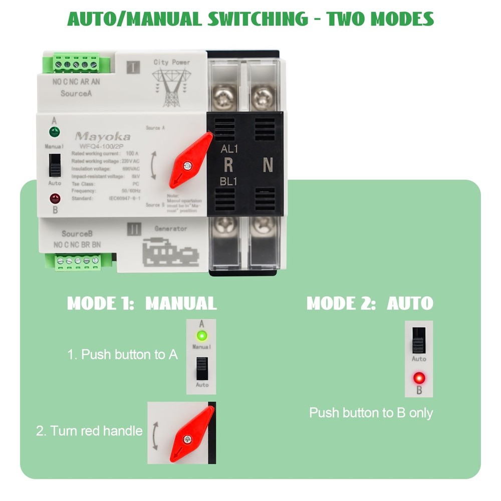 100A Automatic Transfer Switch for Home Generator - AC 220V 2 Pole ATS with...